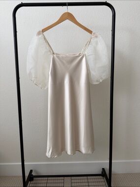 Cream Satin Mini Dress with Sheer Puff Sleeves